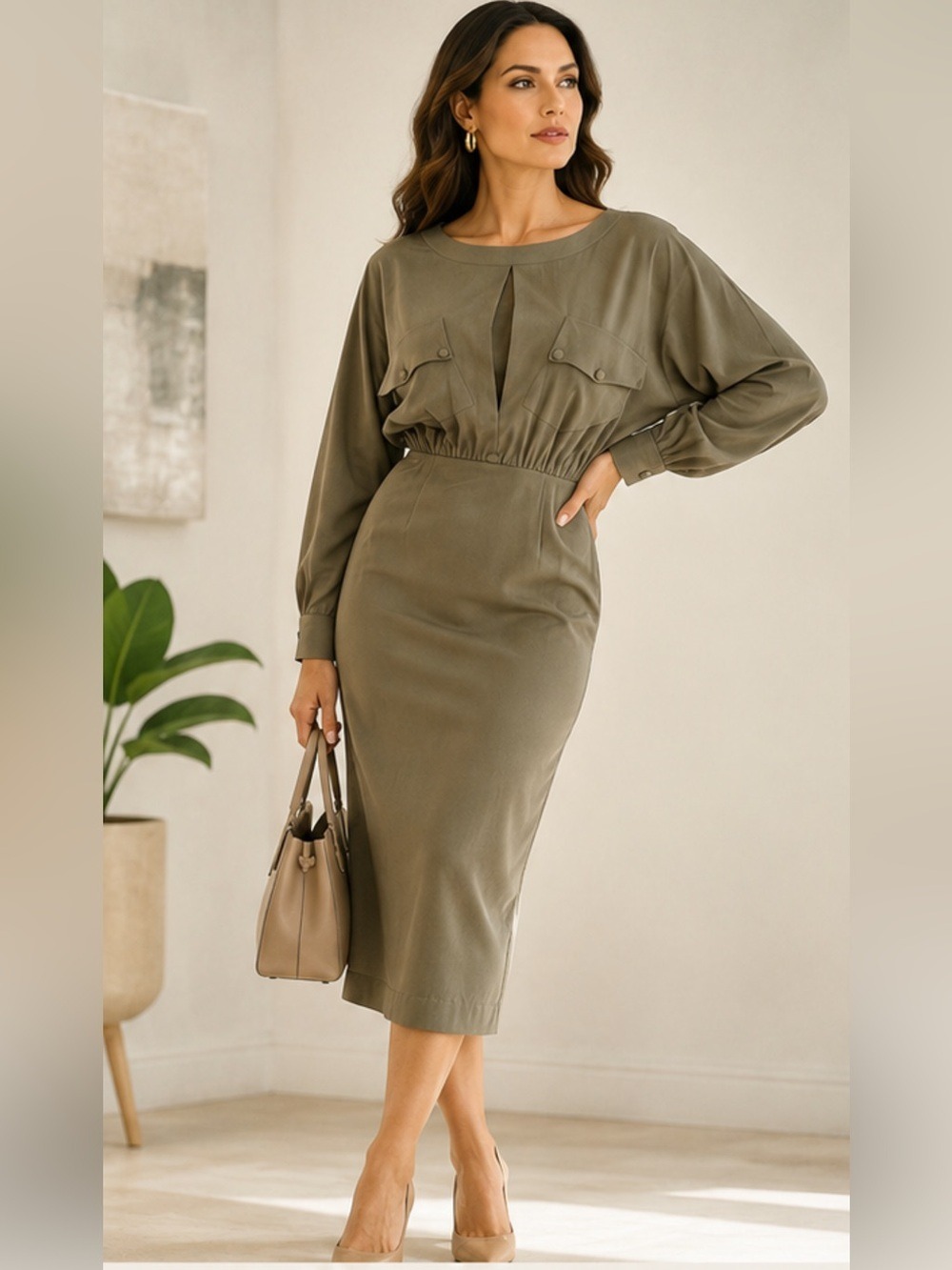 NWT $219 Le’AL.X Muted Olive Lyocell Midi Dress Size S